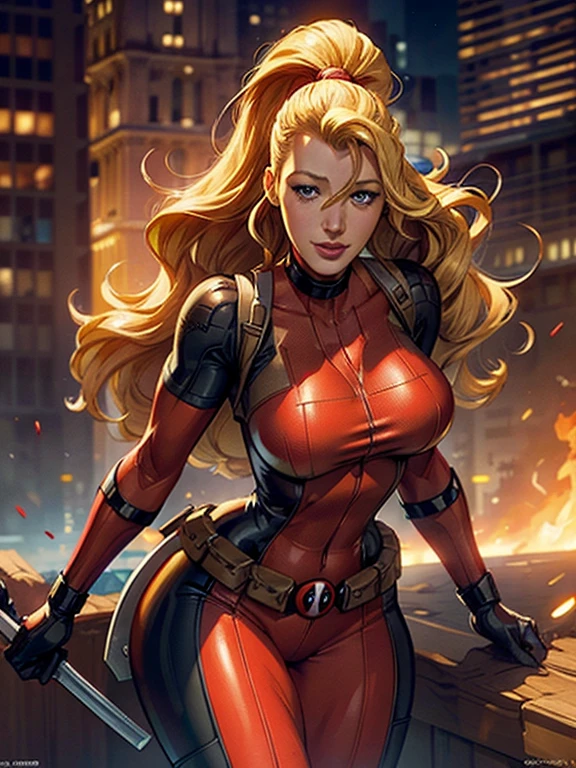 Blake Lively as Lady Deadpool, round breasts, detailed face, beautiful detailed eyes, beautiful detailed lips, extremely detailed face and skin, blonde hair, long eyelashes,hips, thighs, superhero costume, smiling, dynamic pose, cinematic lighting, vibrant colors, digital art, 8k, photorealistic, highly detailed, masterpiece