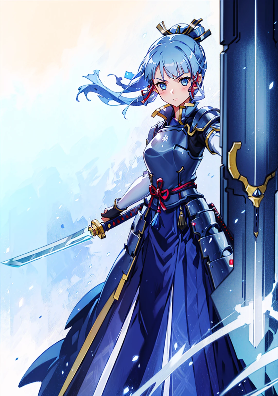 View the viewer, 1 Girl,  Highest quality, Blue Hair, blue eyes, Japanese style armor, Sword in hand, electricity, kamisato ayaka, whole body, blush, Serious face、Very detailed、high resolution、High resolution、Written boundary depth,White Background,A sword as big as your body