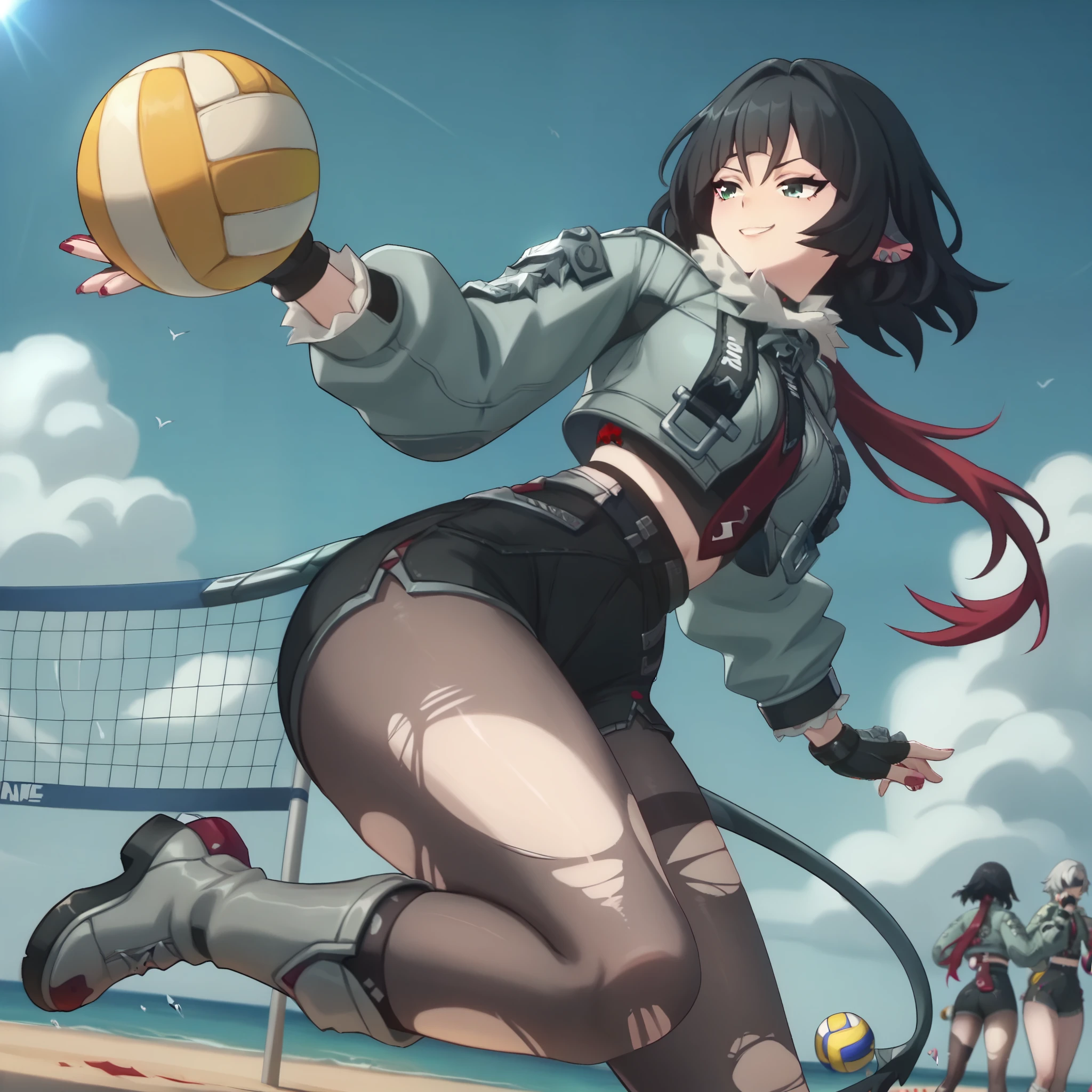 Jane doe, smirk, smile, character from game Zenless Zone Zero, playing volleyball on the beach, jumping to hit the ball, sexy framing, 18+.ur-trimmed jacket, green jacket, long sleeves, red necktie, high-waist black shorts, belt, fingerless gloves, single leg pantyhose, torn pantyhose, torn thighhighs, grey boots