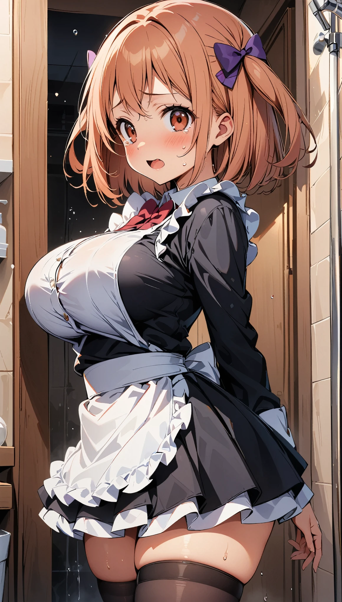 (curvy, large breasts), (sexy maid), ((1girl, sasaki chiho, hataraku maou-sama!)), beautiful detailed eyes, red eyes,(cute eyes), black thigh highs, arms behind back, (Carving Waistline), Shower room, (cowboy shot, from left side), Best Quality, Super detailed, masterpiece, Ultra-high resolution, 8k, Embarrassing, blush, Nice, (With tears in my eyes), open mouth, sweat, (from left side), (from left side)