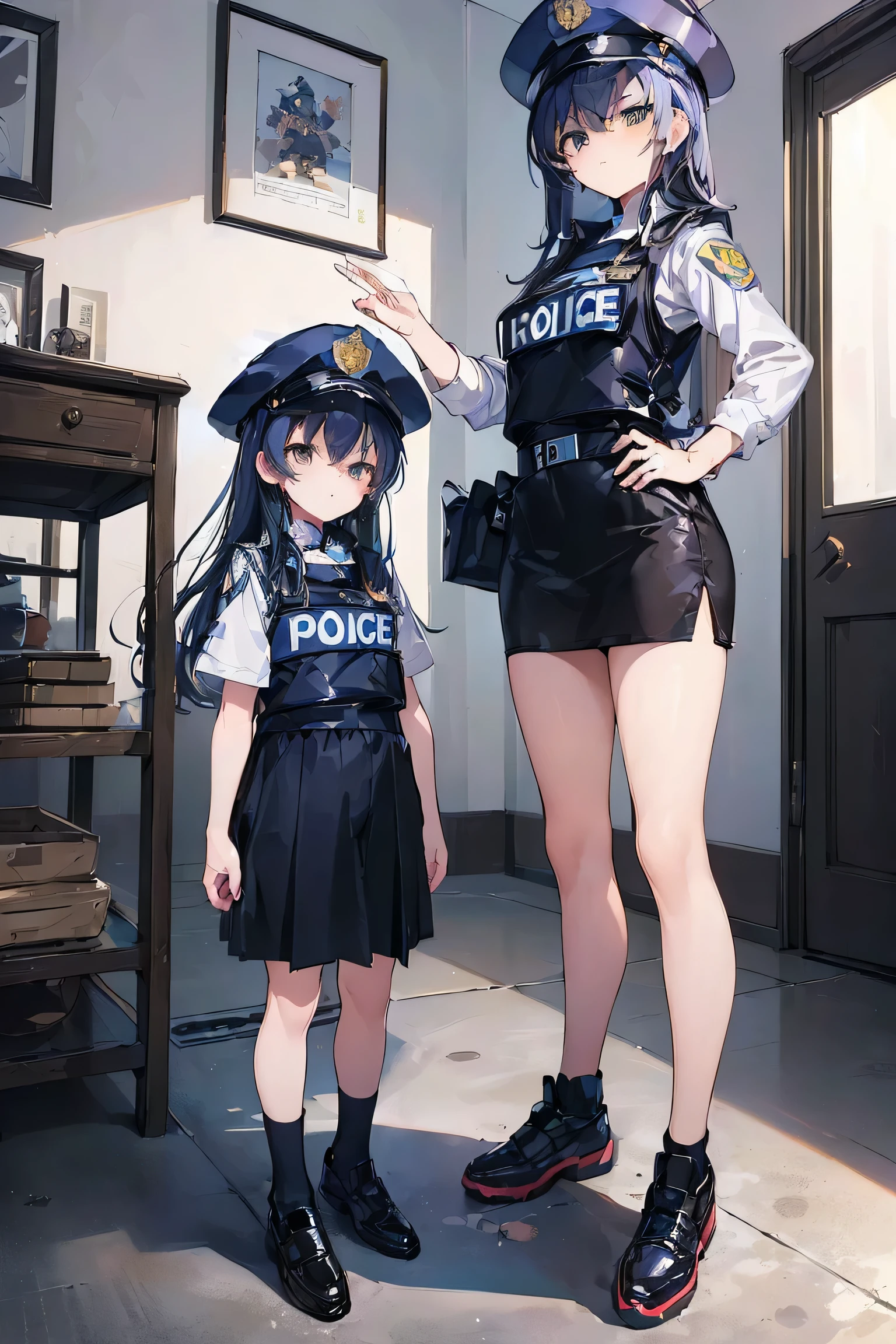 (Best Quality,masterpiece:1.3),Absurd,High resolution, ((2 young children),,***, Police Costume,Police officer&#39;s toddler,Hairstyle(Two Side Up)、Shota, whole body,Beret, On the rooftop by the large pool,Moonlight shines, Cover your crotch with your hands, Tops, Standing, Embarrassing, Wide Shot,