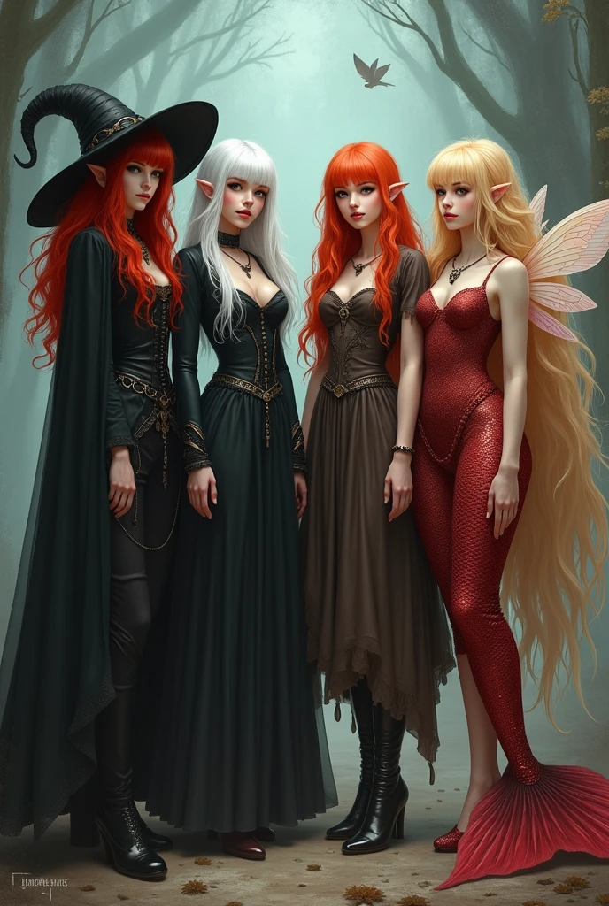 A coven of 4 witches:
The first leader is a love witch, Very beautiful blonde with a doll face and a sexy slim complexion dressed in white. The second is a druid dressed in green., Brown hair, glasses and a deer antler headdress The third a chaos witch with purple hair and very elegant black princess-like clothes The fourth a shape-shifting witch with blue hair and tight clothing