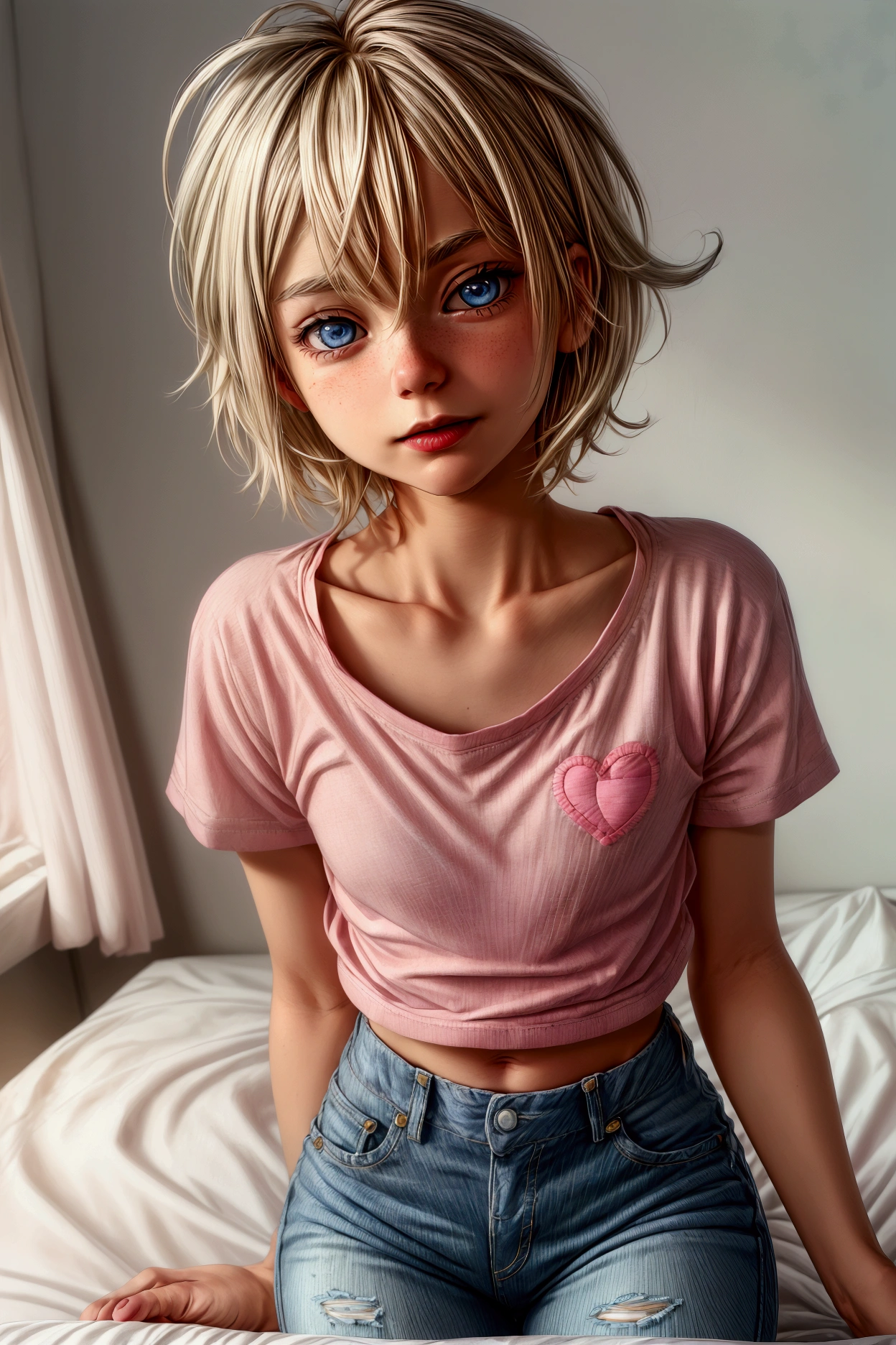 Anime style, Highres, Masterpiece, Best quality at best, Best Quality, hight quality, hight detailed, 1boy, (), blonde boy, boy face, boy body, cute boy, femboy, detailed light blue eyes, short hair, messy hair, bangs, pastel rainbow inner hair color mesh, shy smile, boy flirty posing, sitting on bed, wears a pink and white striped wears a pink and white striped short sleeve cropped T-shirt, (no breast), bare arms, smooth tummy, dark blue denim high waist skinny jeans, (pink hearts embroidered on jeans), (bulge on jeans), boy body, Standing, sunny afternoon on the street, highest quality,