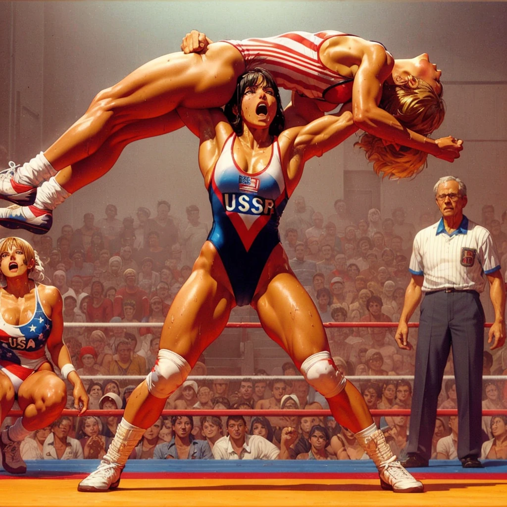 high quality,hd,16k,sharp line,1girl,female wrestling athlete ,cute face, middle breasts, nice legs, wet hair,wet skins,in wrestling venue,focus girl,detailed beautiful face,detailed clothes,beautiful eyes,cool,dynamic angle