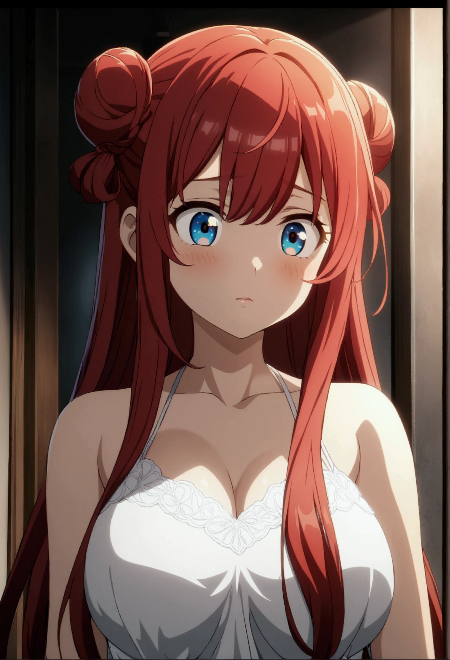 masterpiece, Best quality, 1 girl, long hair, Looking at the viewer, :3, Cute, black , on open air, streets, cowboy shot, big breasts, lush, (((Blue eyes))), makeup gremories, Red hair, antenna hair, Wavy hair, ((beautiful detailed eyes, beautiful detailed glow, A lot of glow)), anime screenshot,