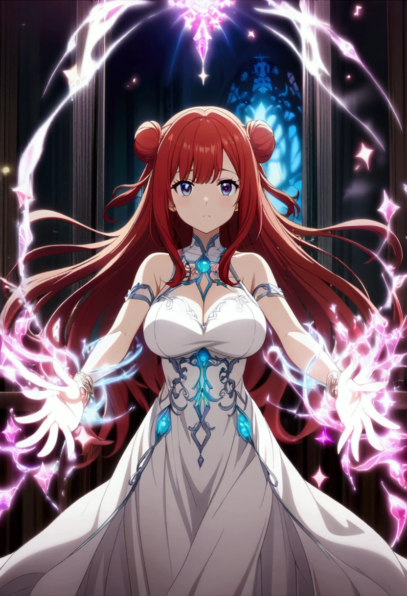 quality,8k,Highly detailed CG unit, masterpiece,High resolution,top-quality, real texture skin,Surreal,Increase the resolution,RAW Photos,最高quality,Very detailed,From below,Cool Beauty,Glamour Women, Cool pose,Gothic Lolita,A skirt full of frills,Red accent embroidery,long hair shining white, Mysteriously glowing crimson eyes, Queen, world, Crystal Flower,Sparkling stained glass like a kaleidoscope,Majestic cathedral,Layered skirt with details, Detailed embroidery, Very layered ruffles, Detailed Texture,A geometric magic circle above your head,Ornamented silver walking stick,The hidden forbidden sanctuary,