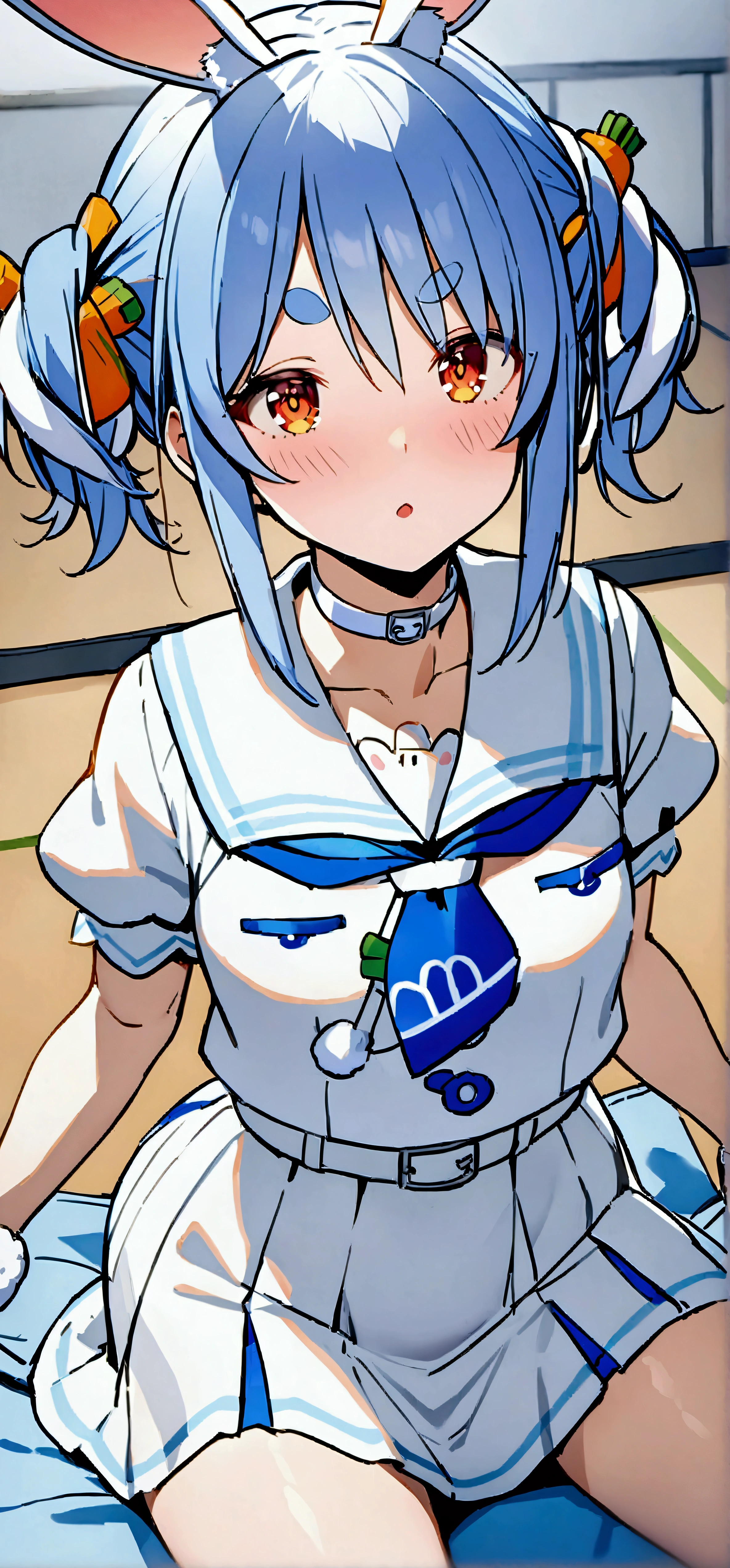 NSFW,masterpiece,Best Quality,High resolution,Very detailed,One girl,Usada Pekora\(Ho****ve\),Orange Eyes、Thick eyebrows、Bunny ears、Blue Hair、Short Hair、Two Side Up、Hair Clip、White choker、Sailor suit、Short dress、Short sleeve、Blue neckerchief、White belt,School,sports warehouse,mat