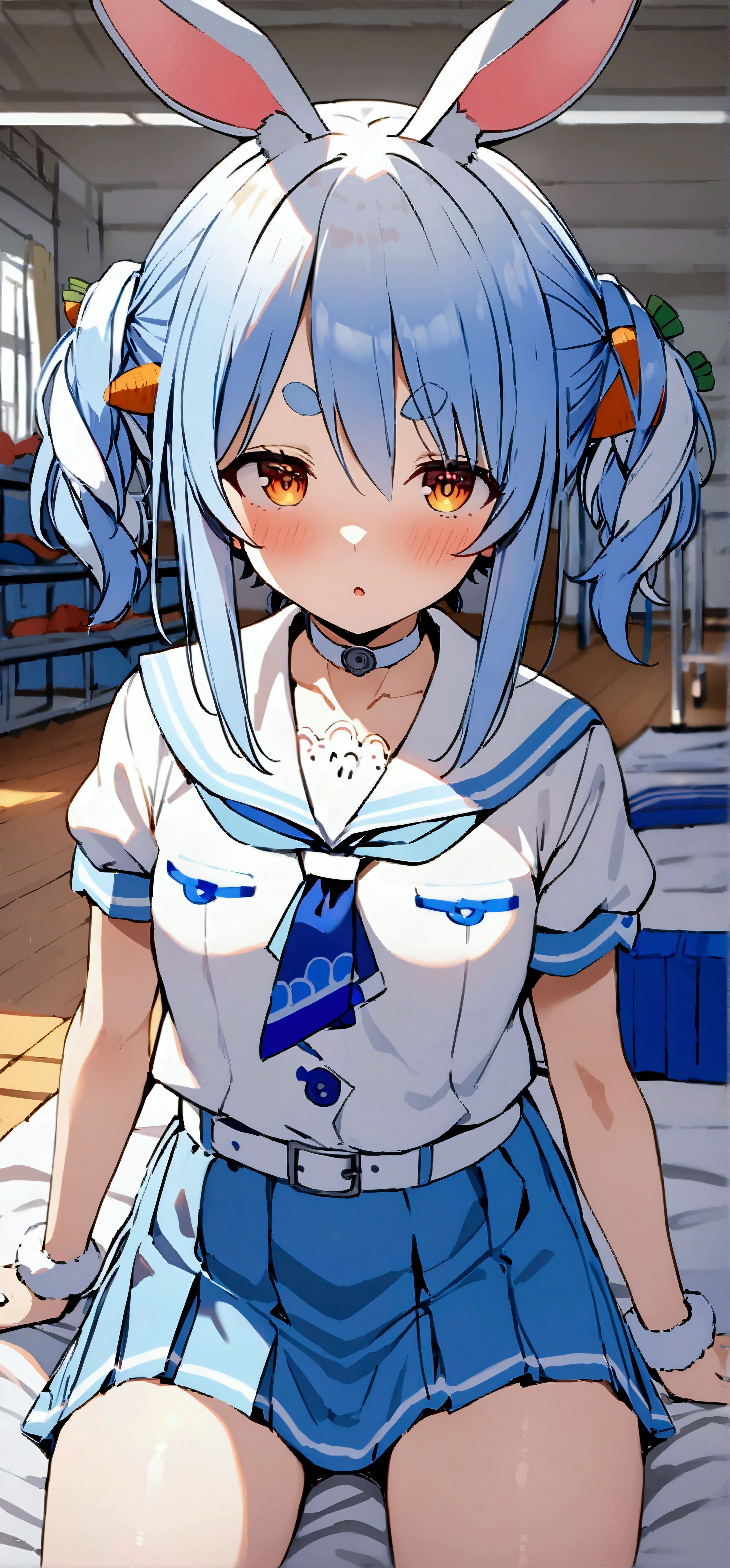 NSFW,masterpiece,Best Quality,High resolution,Very detailed,One girl,Usada Pekora\(Ho****ve\),Orange Eyes、Thick eyebrows、Bunny ears、Blue Hair、Short Hair、Two Side Up、Hair Clip、White choker、Sailor suit、Short dress、Short sleeve、Blue neckerchief、White belt,School,sports warehouse,mat