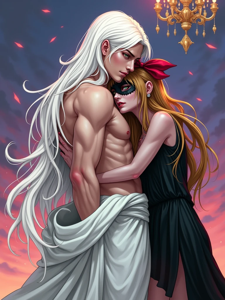 Man and woman, angel and demon, (Male beard muscular topless demon with horn dragon wing) and (woman silk clothes dress angel with halo and bird wing)