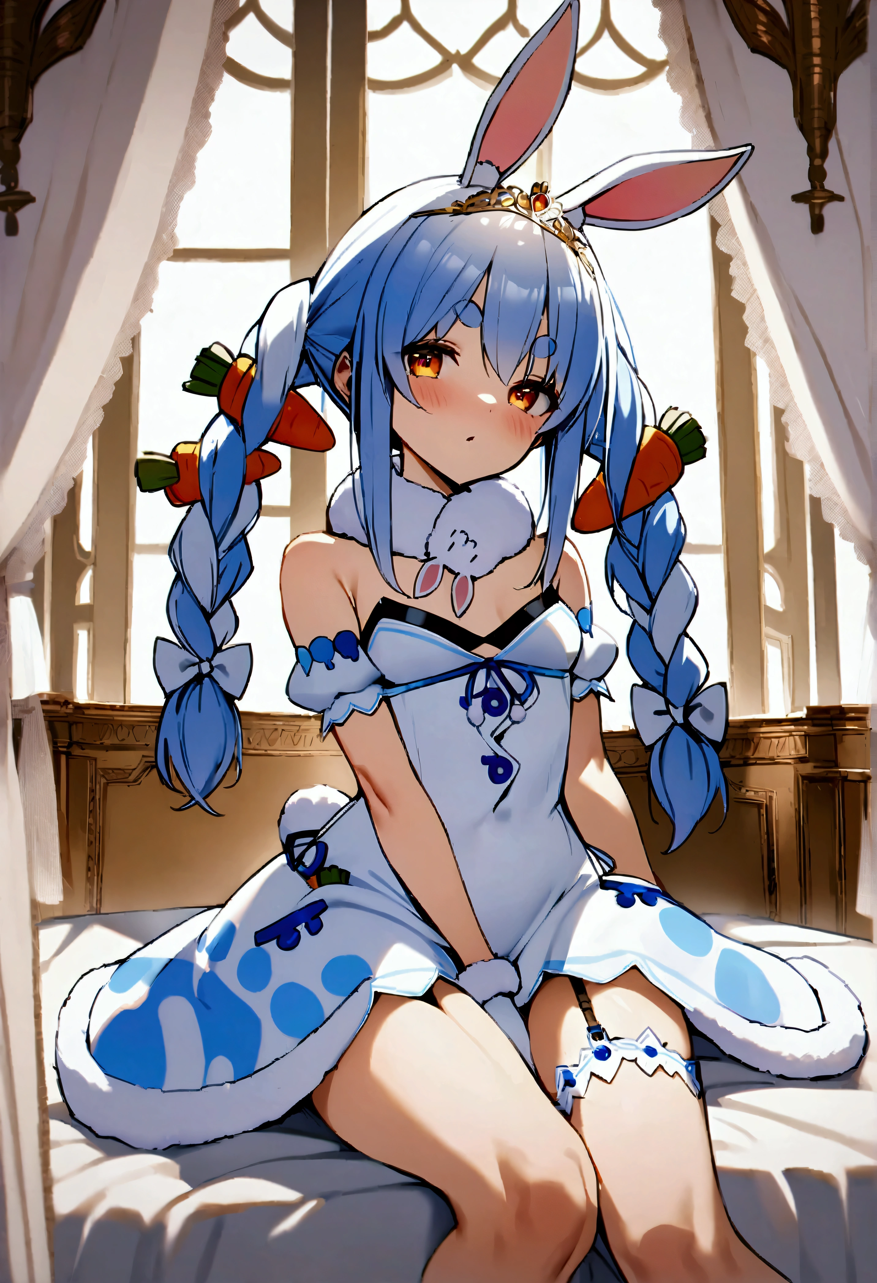 NSFW,masterpiece,Best Quality,High resolution,Very detailed,One girl,Usada Pekora\(Ho****ve\),Orange eyes、Thick eyebrows、Bunny ears、Two-tone hair、Blue Hair、White Hair、Long Hair、Twin tails、Braids、Tiara、Fur collar、White Dress、Ruffled sleeves、Short sleeve、Gold border、White gloves、White knee socks、Garter Straps,Luxurious mansion,Canopy bed