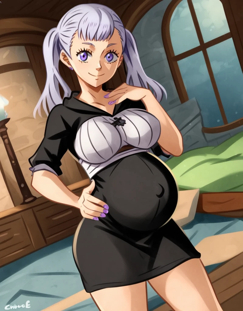 Noelle_black clover, Noelle Silva, black clover, long silver hair, waist length hair, Half up half down hairstyle, Love, side parted bangs, almond-shaped blue eyes, High Quality, ultra detailed, Quality of beast, 8k resolution, Khyle., Khyle_style,
looking at the viewer, dutch angle, cowboy shot, smile, pregnant belly, big belly, big belly, big breasts, belly button,
1 girl,Alone, inside, playa, happy, smiling, fleet the belly, glowing skin,
full body, Nail polish,