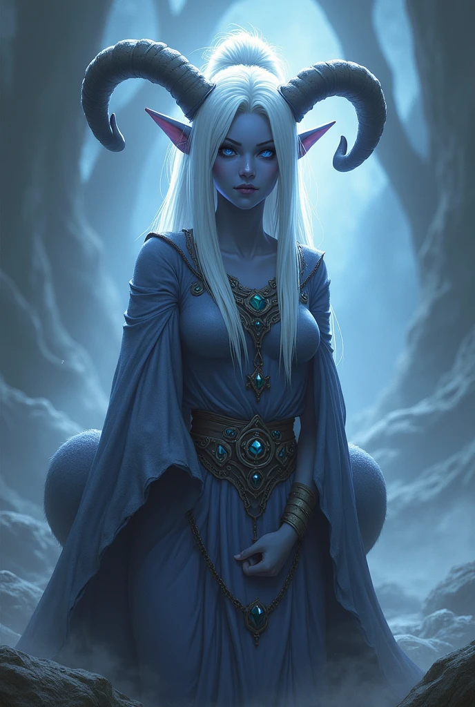 A moon elf greatly resembling Paris Hilton (age 25, blue skin, violet eyes, silver hair, sheer spider silk lingerie, silver body jewelry) is walking through a spider infested haunted woods, webs obscure the moon and carpet the ground. Immense webs and spiders in the tree tops.
