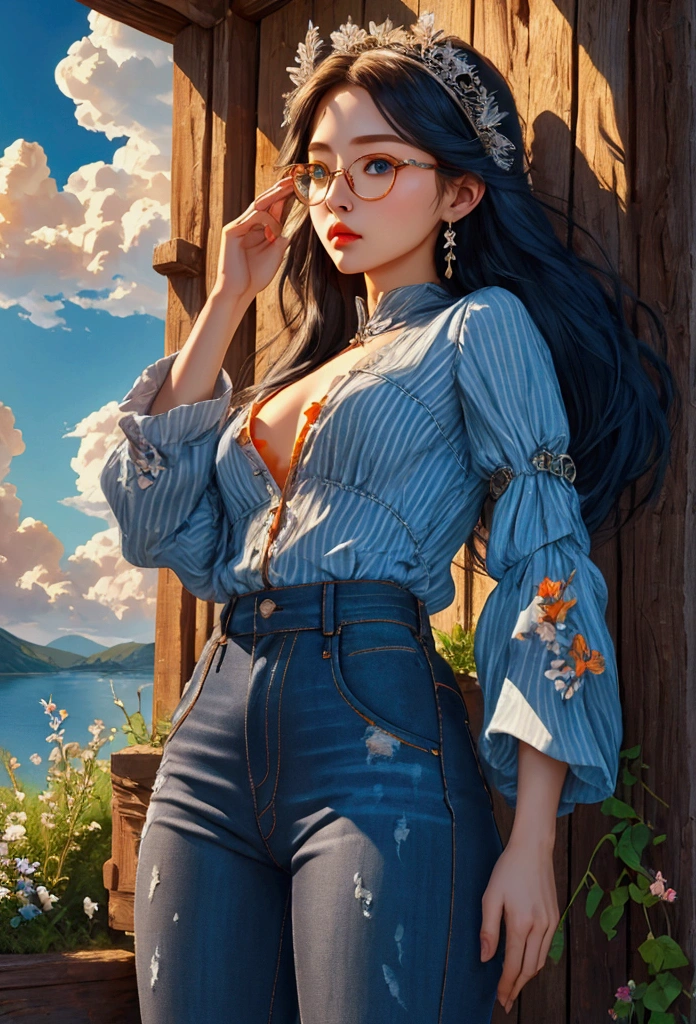 masterpiece, High quality cg, Very realistic illustrations, Best quality, boundary, bondage, (Beautiful face, Detailed face, Cowboy shot from below, 1 woman, Alone), Looking at the viewers, Black hair, give, glasses, black gloves, Denim pants, Orange puff sleeve blouse, Blue eyes, twin gives, Striped hair, Blue headdress, 검정색 뿔테 둥근 glasses, Hair behind the ear, Blue Sky, white cloud, calm lake, Wildflowers,