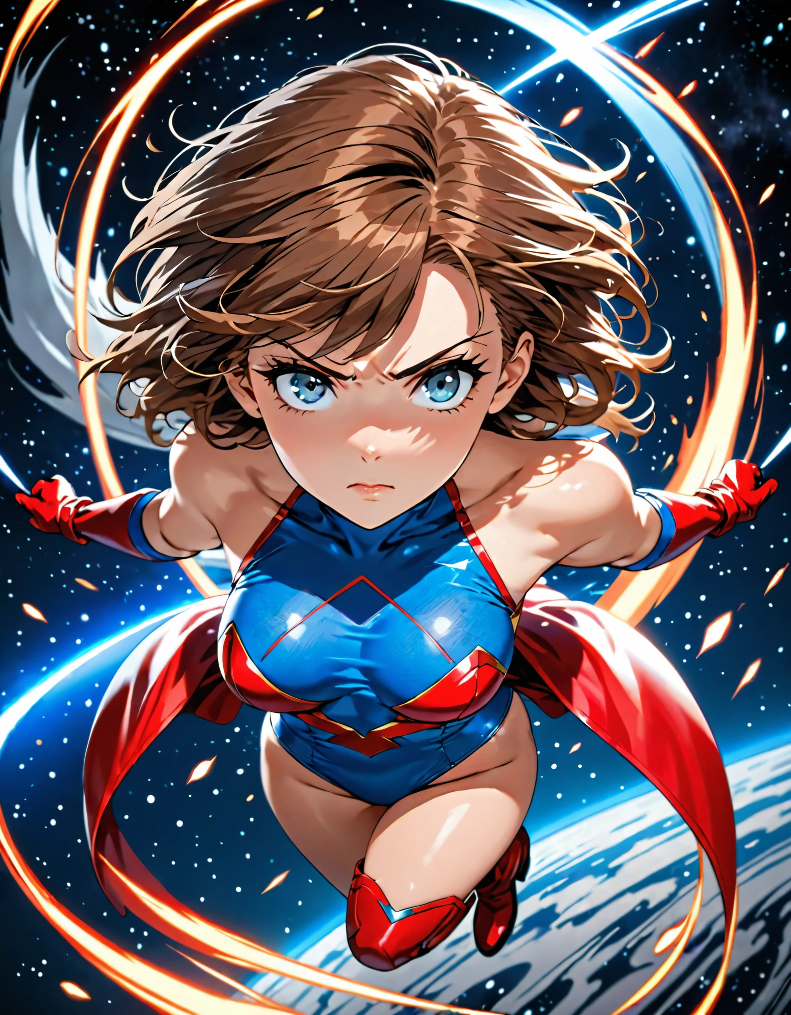 1girl, solo, leotard, bare legs, boots, hands on hip, matching gloves, superhero, space backdrop