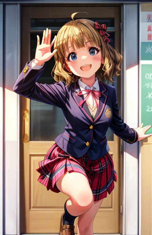 ,Highly detailed face, Well drawn hands, Well drawn legs,Well drawn feet,Well drawn eyes, 1girll, momoko suou (million live) ,sobu high school uniform, Black blazer , White shirt, Red ribbon, Plaid skirts, Medium ass, One-handed straight,Held high,Waving in the air , at the doorstep of a school, pink door with a circular window, girl in between the door, Smiling, Open mouth, showing upper teeth, from front top view,