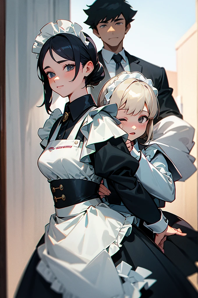 masterpiece, best quality, highres, absurdres, 8k, 4k, official art,, , (flat_color:0.9),, , 1girl, large_breasts, maid uniform, Grey hair, , ,  