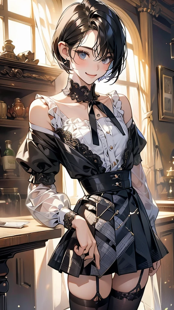 Best Quality, 1boy,Androgynous male,(Flat Chest:1.3),Black Hair,Short Bob Cut,(Off-the-shoulder blouse),Lace neck top,Long sleeve,Ribbon on wrist,(Checked mini skirt:1.5),Ribbon on waist,Vertical striped tights,Smiling Kindly,smile,Portraits, Inside a quiet cafe:1.5,Cafe staff,autumn,Detailed cloth texture,6 heads