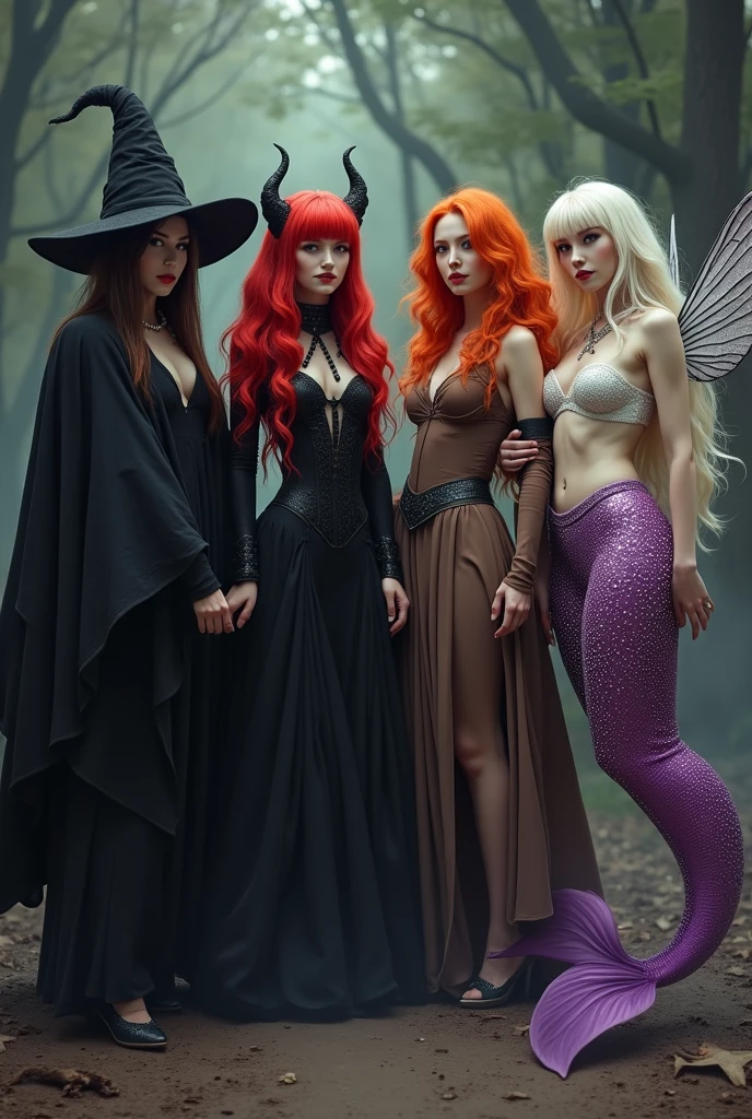 Three different beautiful erotic witch girls having sex in a ring of mushrooms in the dark forest lit by tiny fireflies