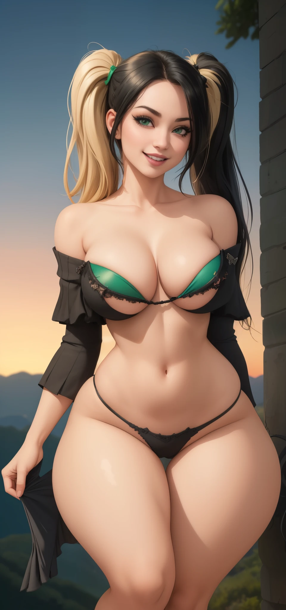 (best quality, ultra-detailed, photorealistic: 1.39), bright and vibrant colors, studio lighting, romantic expression, blonder twintail, busty, cleavage, off shoulder sweater, shorts, thighs, (pov, close shot), smiling, dark night background, small breasts,at the top of a Mountain over looking sunset,camera pointing up,close-up, low camera angle, view from behind, smiling with visible teeth, back bikini,(( heart shaped bikini )), (( walking away )), arms in motion,open legs ,(( thigh gap  )), ((gothic girl makeup)),(((black hair with green vanes))), ((sexy witch)),((doing a squat))