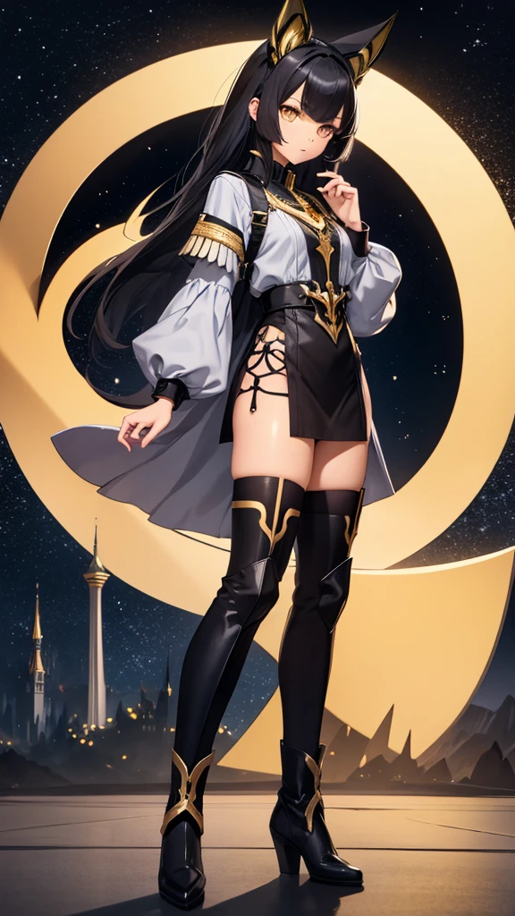 Only one person is depicted, Above the knees image,Side view, masterpiece, Best Quality, Straight black hair,Hair length down to chest, Cat ears, Golden Eyes, A dignified expression, Wearing black and gold armor, The chest size is medium,Black thigh-high socks,Black boots,Black Skirt,  Tower rooftop, A silver full moon in the night sky