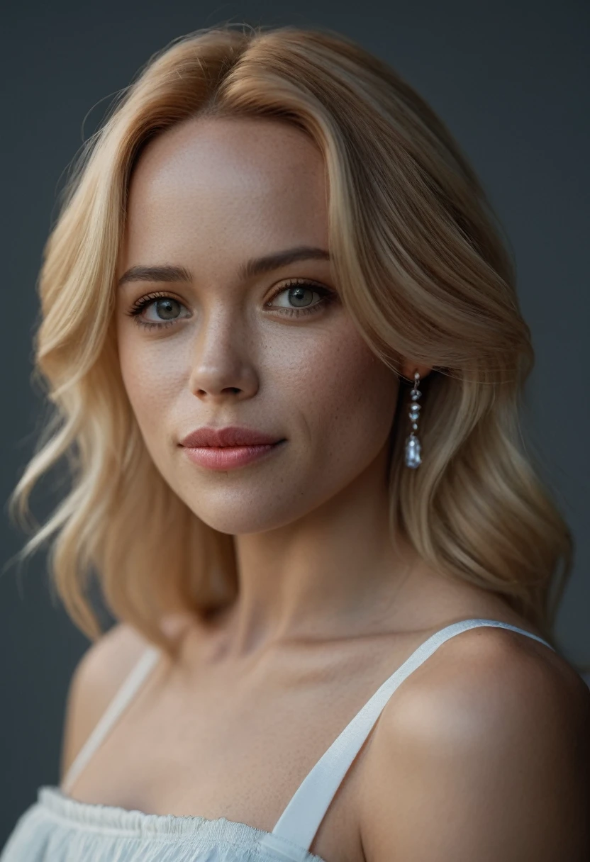 RAW photo, (high detailed skin:1.2), 8k UHD, DSLR, soft lighting, high quality, film grain, Fujifilm XT3, RAW candid cinema, 16mm, color graded portra 400 film, remarkable color, ultra realistic, remarkable detailed pupils, shot with cinematic camera,a woman with blond hair standing in front of a gray background wearing a white dress, 1girl(Katia Winter), solo, realistic, blonde hair, long hair, looking at viewer, jewelry, earrings, portrait