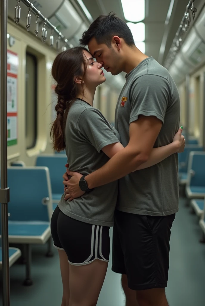 (YES SFW), [gorgeous brunette woman in a crowed train, A woman is held tight by a man. A woman is strong embraced by a man. The woman's hands laid on her ass. Hands slightly pull up the ass. round buttocks, gray long male pants], anime illustration, canvas illustration, realistic hands, real_skin. niji, vlop