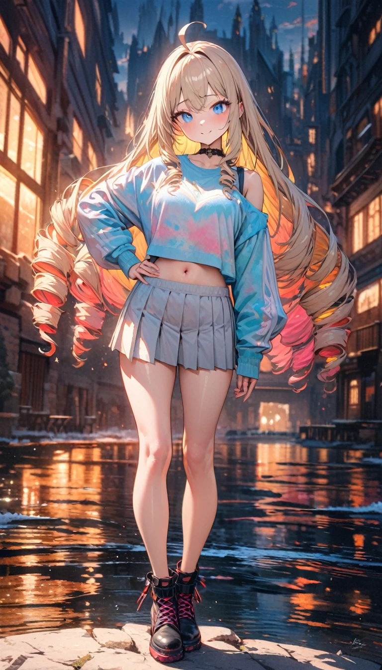 Full body Japanese anime style photo of light skinned woman, Beautiful blue eyes full of light and beautiful details, curvy chubby body, long legs, beautiful and stunning.
She is blonde and her hair is long, vibrant, soft, Ablaze, your lips and cheeks are rosy.
She wears a short pleated Japanese style skirt. A saia é translúcido e iridescente de cor azul marinho com muitos detalhes dourados e ouro Ablazes e deslumbrantes cores vivas. She also wears an underboob style top with her belly showing..
Camera captures the entire body from head to toe, her back making a movement with her body turning towards the camera and looking at the camera, the movement makes your skirt and hair lift a little in the wind breeze.
Background scene is in the city of ancient Japan.
((best qualityer)), ((work of art)), (detailded:1.4), 3d, hdr (high-range dynamics),ray tracing,nvidia RTX,Super-resolution,Irreal 5,underground dispersal,PBR Texturing,Post-processing,Anisotropic filtering,Depth of field,Maximum clarity and sharpness,Multilayer textures,Albedo and Specular Maps,Surface shading,Accurate simulation of light-material interaction,perfect proportions,octane rendering,Two-tone lighting,large aperture,Low ISO,White balance,rule of thirds,8K CRU.