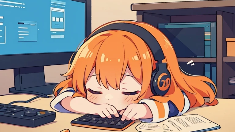 a female chibi character with long orange hair, sleeping at the table, with headphones in front of the computer