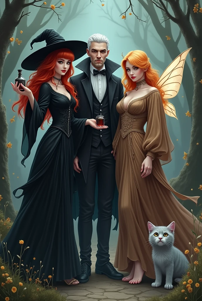 Picture of the couple, dressed in costumes, standing in the woods, rob rey, An elegant work of horror, Fantasy Victorian art, Peter Morbacher'', The style of romanticism, karol bak and peter mohrbacher, Micheal Cheval (Unreal engine, eerie art style, jen bartel, Rob Rey and Kentaro Miura Style, Peter Morbacher's style