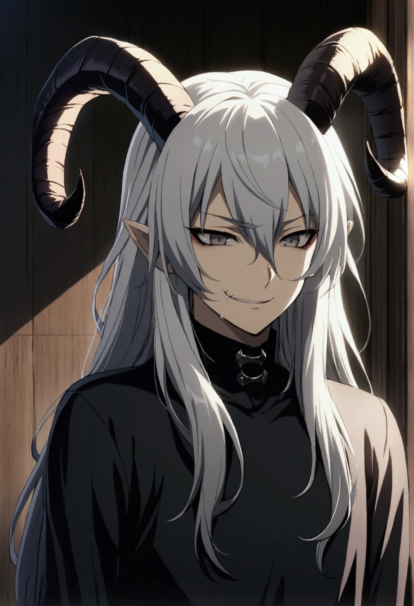snake yakushi kubato, 1girl, solo, ((long sliver hair)), slitted pupils, round glasses, slim waist,(((girl))), girl, cowboy shot, one hand on hip, smiling, maniacal, evil smile, creepy, ((naked upper body)),  medium breasts, ((black trousers)), white skin, fighting position, battlefield background, snakes, dynamic angle,  leering, long hair, rubble, ruins, war, stormy dark sky, side profile