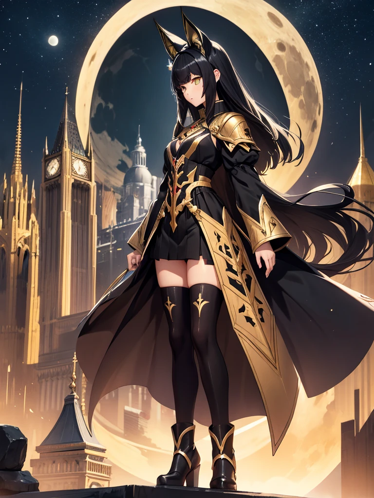 profile, Only one person is depicted, Above the knees image, masterpiece, Best Quality, Straight black hair,Hair length down to chest, Cat ears, Golden Eyes, A dignified expression, Wearing black and gold armor, The chest size is medium,Black thigh-high socks,Black boots,Black Skirt,  Top floor of the tower, Silver Full Moon, Night Sky