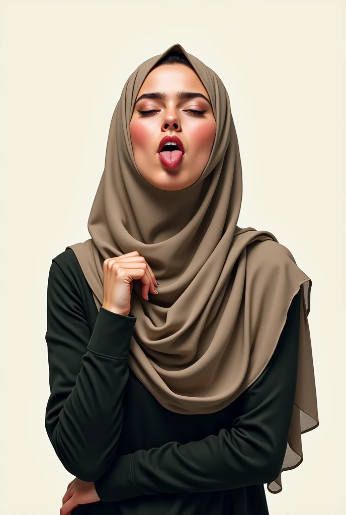 Shocked curvy hijab girl on her knees gets mayonnaise on her face and chest