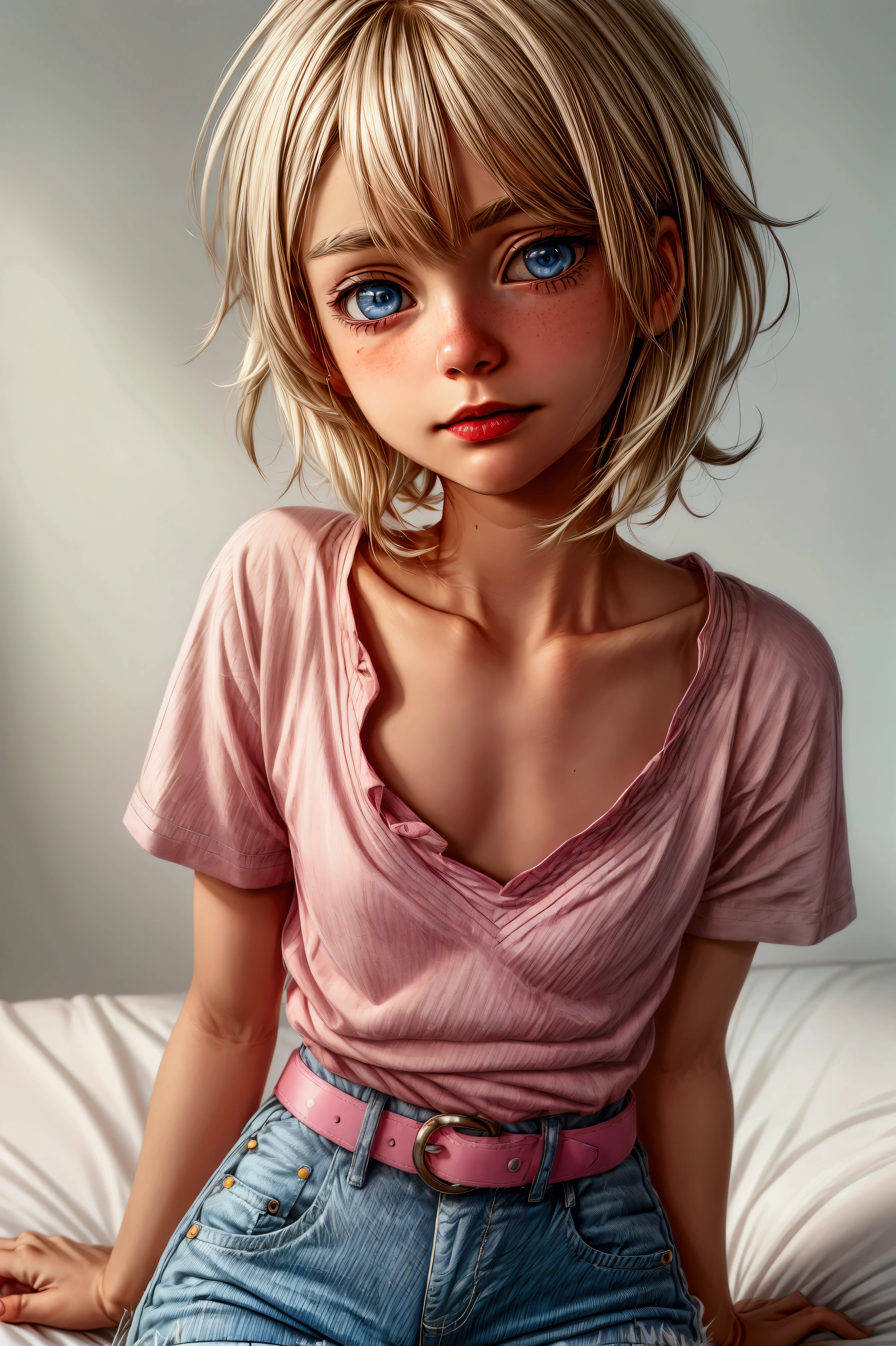 Anime style, Highres, Masterpiece, Best quality at best, Best Quality, hight quality, hight detailed, 1boy, (little boy), blonde boy, boy face, boy body, cute boy, femboy, detailed light blue eyes, short hair, messy hair, bangs, pastel rainbow inner hair color mesh, shy smile, boy flirty posing, sitting on bed, wears a pink and white striped wears a pink and white striped short sleeve cropped T-shirt, (no breast), bare arms, smooth tummy, dark blue denim high waist skinny jeans, (pink hearts embroidered on jeans), (belted jeans), pink glitter belt, (tiny bulge on jeans), boy body, Standing, sunny afternoon on the street, highest quality,