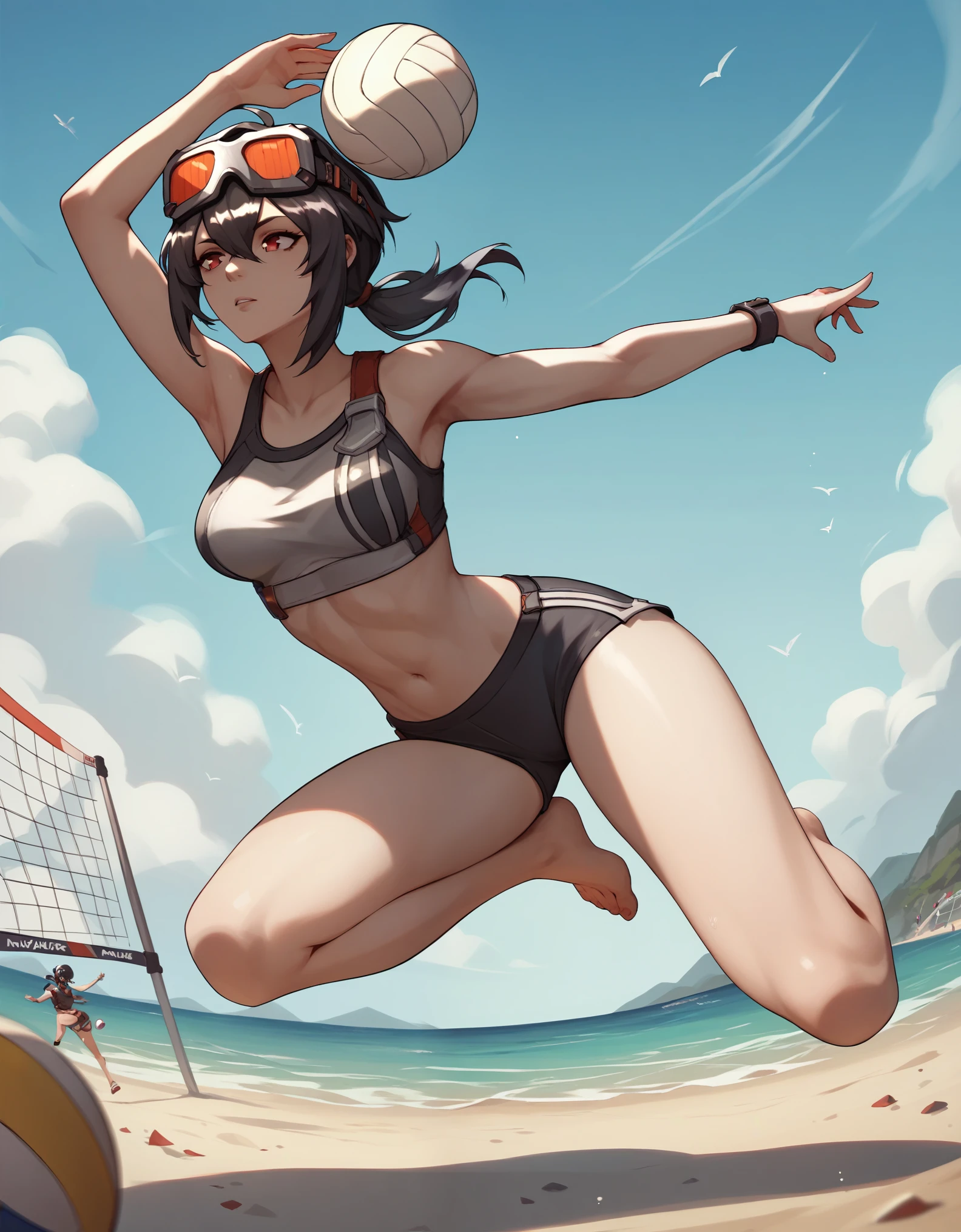 goggles on head, low ponytail, medium breasts,Grace Howard, character from game Zenless Zone Zero, Black hair, Red eyes, playing volleyball on the beach, jumping to hit the ball, sexy framing, 18+