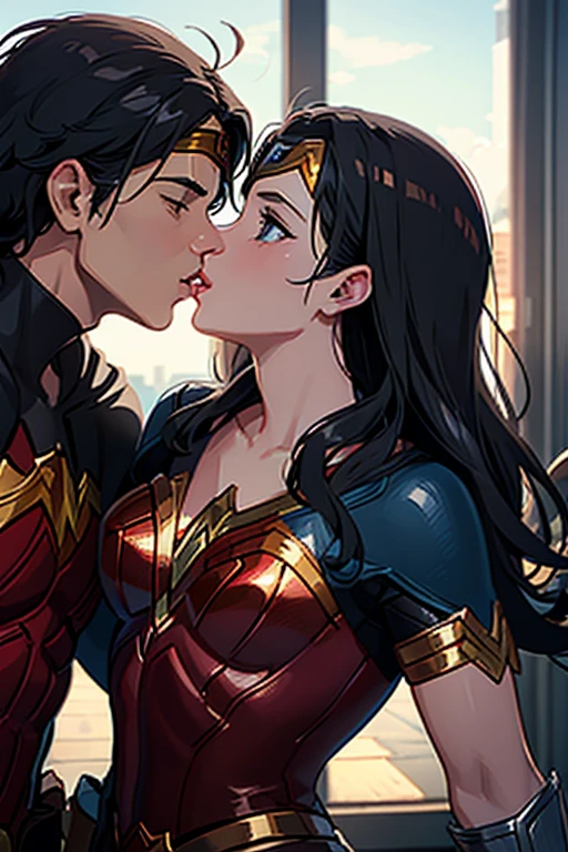 Wonder woman and a sexy police girl, kissing and sucking lips, wet, forest, hogh quality, 4k