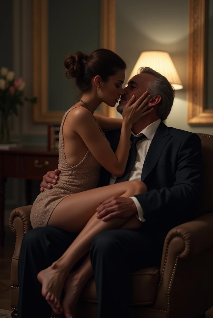 masterpiece, ((old bald man in a black suit hugs hugs hugs)) (((nude naked nude naked young white age girl who has brown curly hair and wears a identification lanyard))) and medium breast and nipple and pussy and earring and wristwatch and black stockings and black stockings and is in an office, lcd blue light screen displaying data, game controller, pot plant,