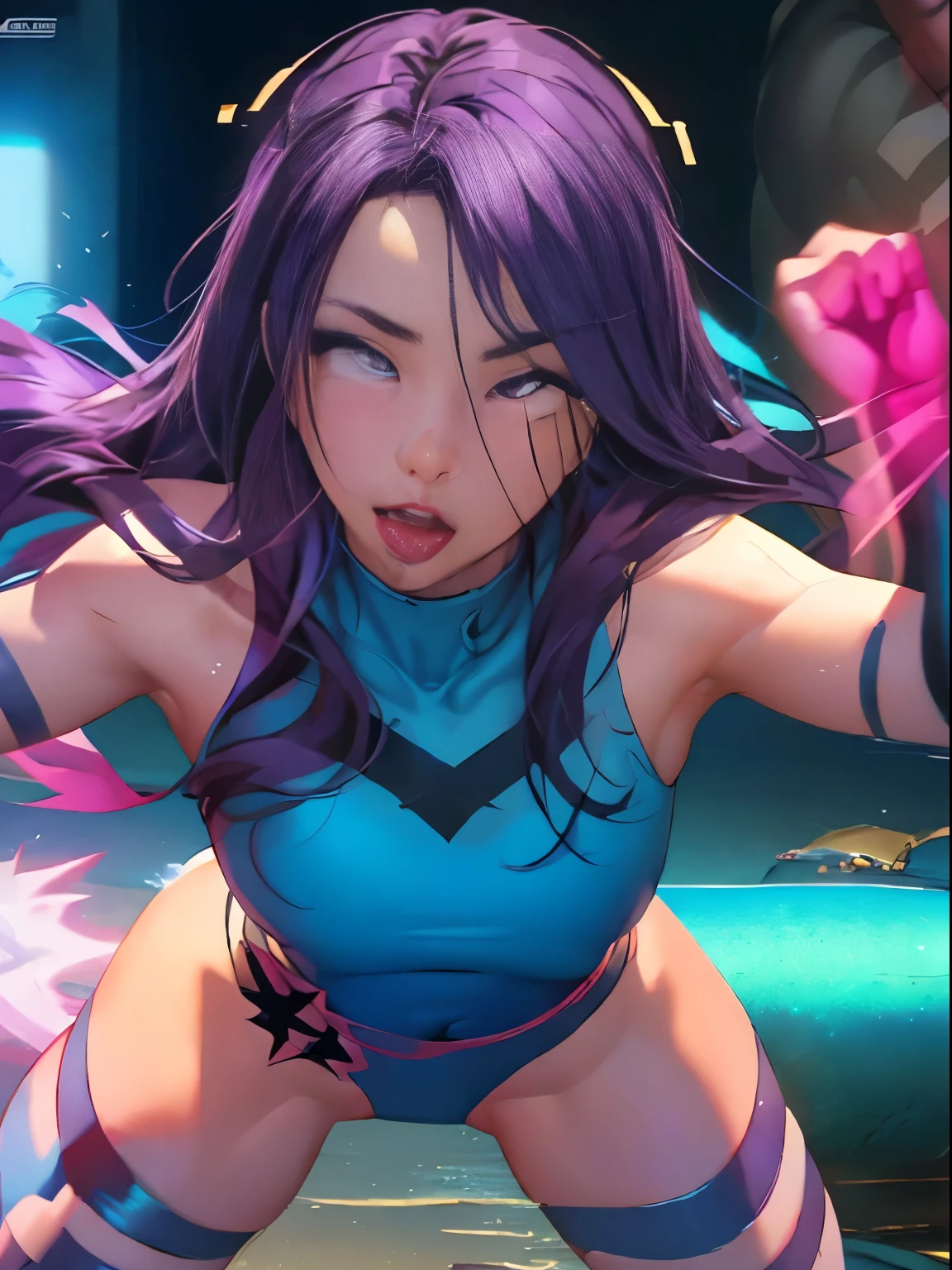 ((SUPERHEROINE PSYLOCKE )) , ((She has long hair)), (She is wearing her uniform), (masterpiece, best quality) 1girl, Alone, (sexy, Pretty woman, Perfect face, perfect eyes), image of 1/2 body , (PSYLOCKE, ahegao, rolling eyes), dynamic pose, superhero battle pose. . ((((action)))), ((movement)), (((motion))), ((dynamic)), background, a city in the night, city lights, blur background.
