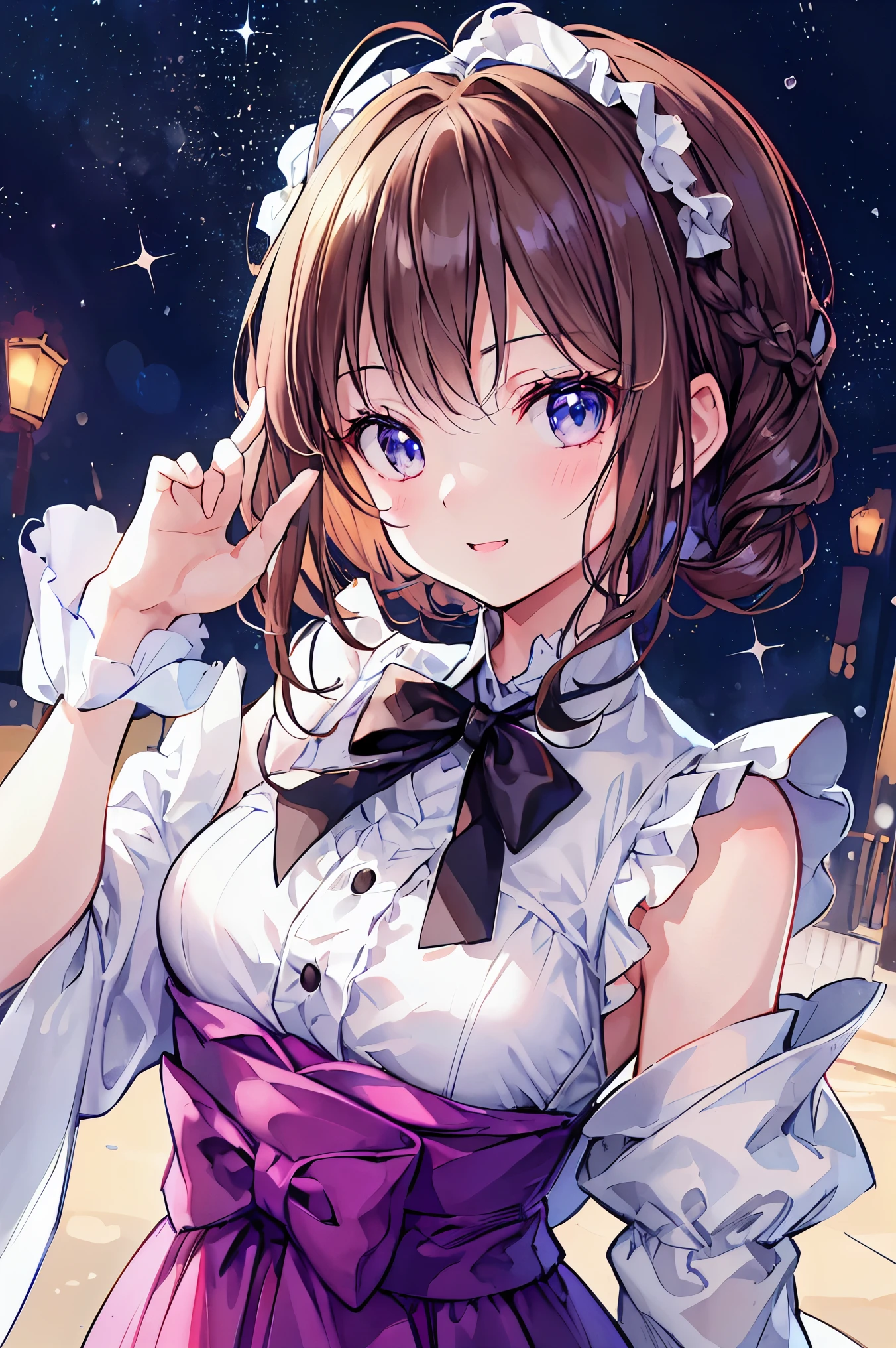 ultra-detailed,masterpiece,best quality,girl, petite,shiny eyes,from front,close up,facing viewer,town,night,smile,<lora:add_detail:1>   <lora:fubuki:0.7>fubukidressKC,dress, white dress, black low ponytail