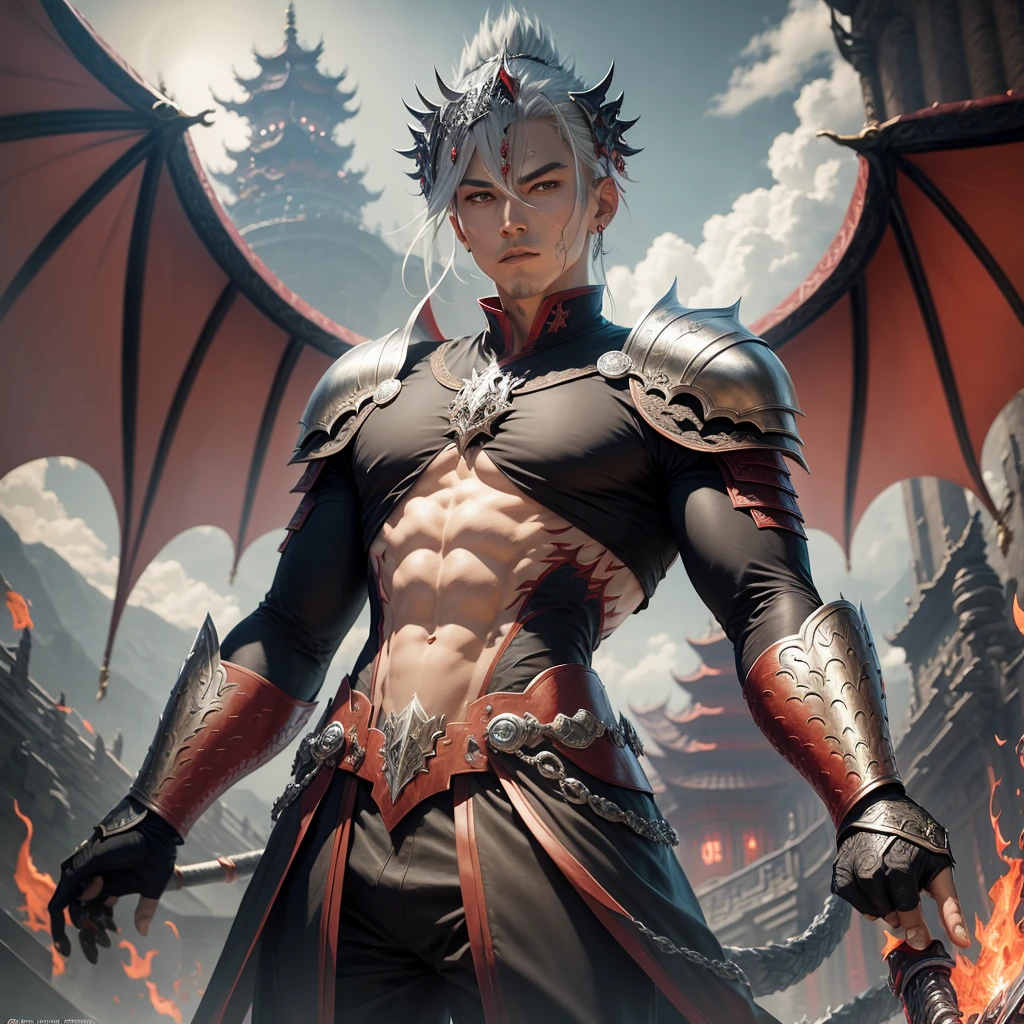 Half-dragon man with red scales and leather armor,
Emperor robe,king crown,holding sword, mythical Chinese dragon in the background,silver hair,moon, see pov,(bing.com),