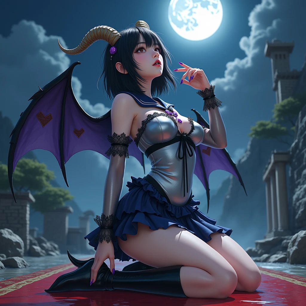 (High quality, masterpieces), One Japanese girl wearing sailor-moon like costume, Place on her right hand between her legs with making gesture of peace sign, kneeling down, Big breast, Drenched her full-body in sweat, Bob cut black hair, Beautiful face, Brown eyes, Dark blue wide sailor collar with shoulder embellishment, Dark blue ruffle mini skirt, Huge gorgeous ribbon made by black lace on her chest, Metallic silver sheer leotard adhered to her skin, A heart shape cutout around her navel, Bat wings on her back, black long leather fingerless gloves, Purple sharpened demonic claws, Black leather long boots with heels, black circlet with a purple jewel on her forehead, broad and deep black eyeshadow, Attach sheep's horn to temporal region, Ancient ruins on a mountaintop, Midnight with red Moon, Red carpet