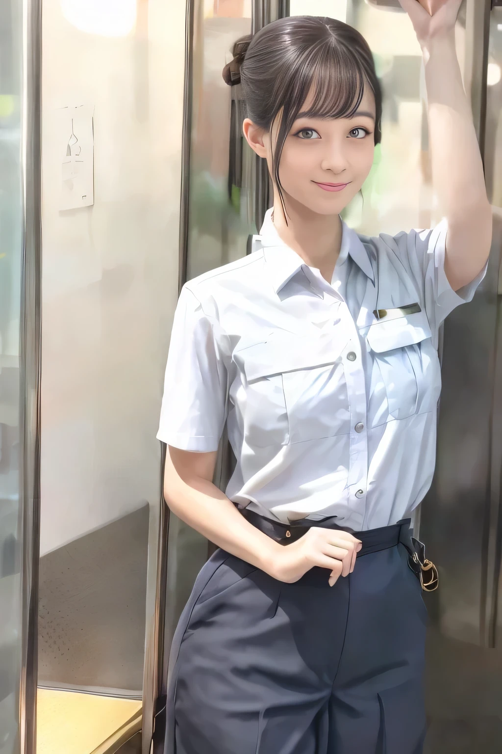 (masterpiece:1.2, Best Quality:1.2), 32K HDR, High resolution, (Alone、1 girl)、(On the roof of a building during the day、Professional Lighting)、Building rooftop background、(Real style woman wearing train crew uniform6)、(woman train crew uniform6 blouse short sleeve 、 Knee-length culottes skirt、Belt on waist)、(woman wearing train crew uniform6 vest)、Dark brown hair、(Hair tied up、Hair Bun)、Dark brown hair、Long Shot、Big Breasts、Thin legs、((Great hands:2.0)),((Harmonious body proportions:1.5)),((Normal limbs:2.0)),((Normal finger:2.0)),((Delicate eyes:2.0)),((Normal eyes:2.0)))、smile、(woman train crew uniform6 Knee-length culottes skirtを見せた美しい立ち姿)、