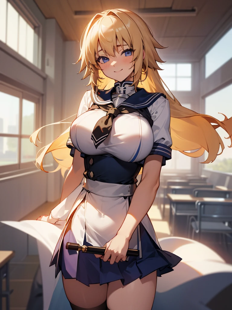 (incredibly absurdres absolutely resolution,HD 8k,best quality,master piece,anatomically correct:1.2),super high resolution,1 girl,colorshift eyes,hyperdetailed,expressive eyes,ultra-detailed face,View Viewer,cowboy shot,(sailor uniform,school uniform),pleated skirt,skindantation,thighhighs,school,classroom,glad,smile,blonde hair,huge breasts,glamorous,Nasty body,shiny hair,Fair skin,soft boob,teenage,jeanne darc