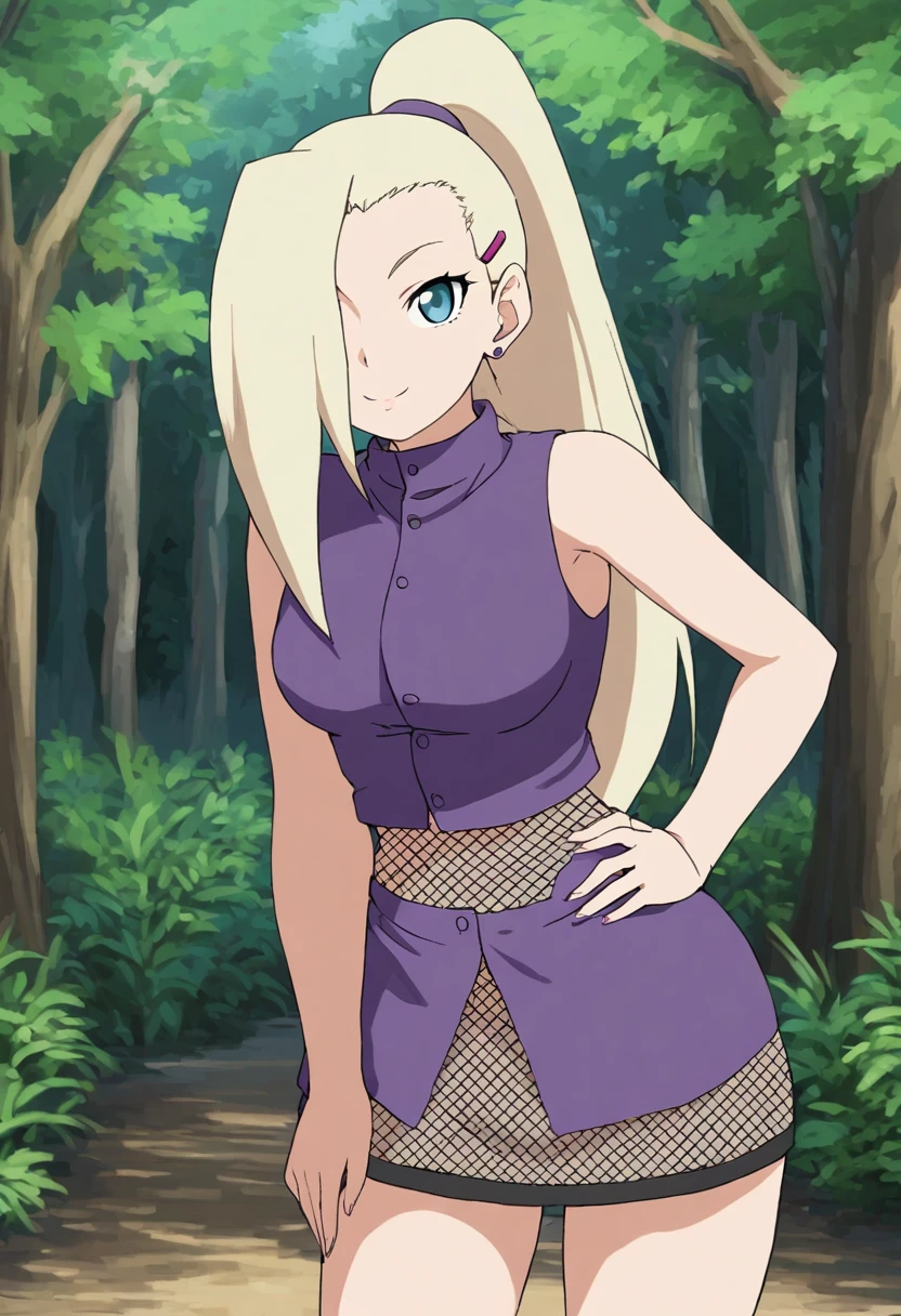 solo, 1girl, Yamanaka Ino, smile, looking at viewer, hand on hip, leaning forward, hair over one eye, ponytail, hairclip, crop top, sleeveless, skirt, fishnets, earrings, outdoors, forest background,