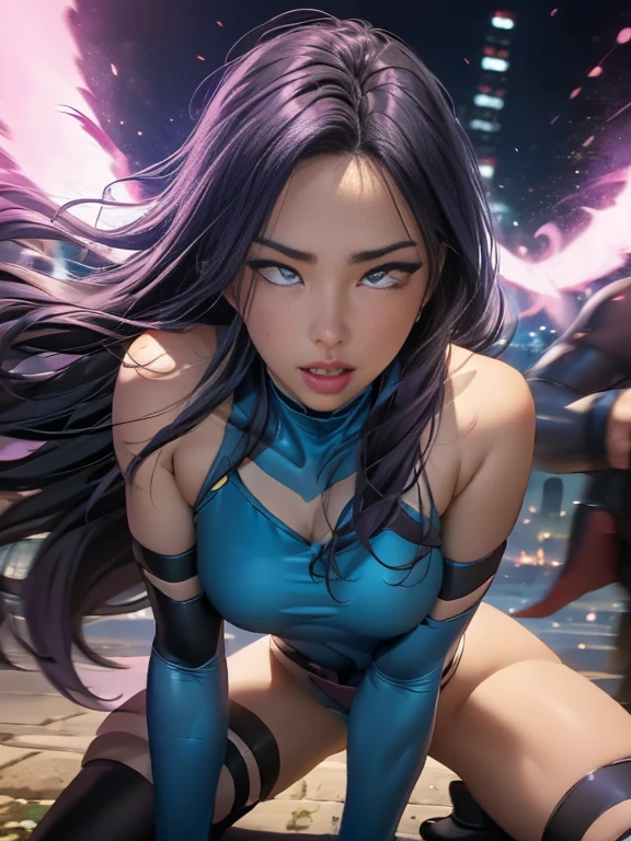 ((SUPERHEROINE PSYLOCKE )) , ((She has long hair)), (She is wearing her uniform), (masterpiece, best quality) 1girl, Alone, (sexy, Pretty woman, Perfect face, perfect eyes), image of 1/2 body , (PSYLOCKE, ahegao, rolling eyes), dynamic pose, superhero battle pose. . ((((action)))), ((movement)), (((motion))), ((dynamic)), background, a city in the night, city lights, blur background.
