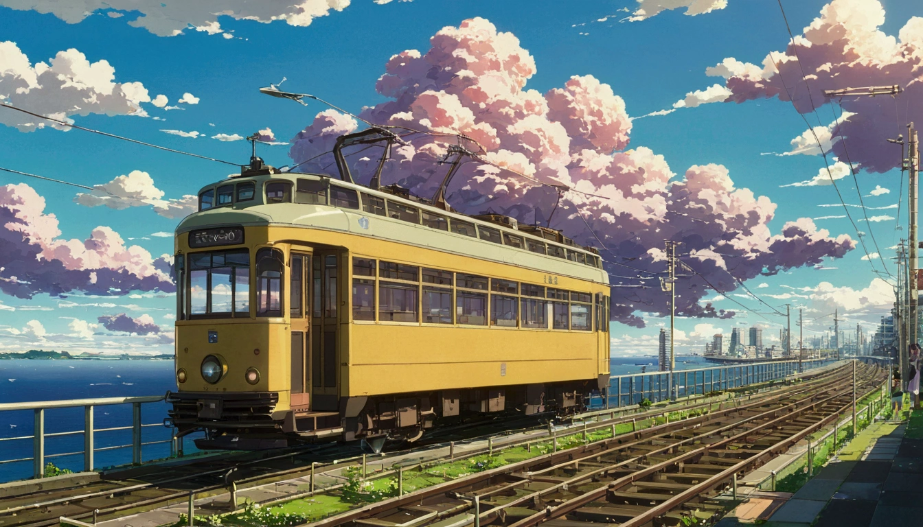 ((anime:1.4,illustration)),(masterpiece, top quality, best quality),(ultra-detailed, absolutely resolution),((16k, high res)), (((tram, seaside, blue sky, cumulonimbus cloud)) ((cozy lofi illustration:1.4)), ((anime:1.4, illustration)),(masterpiece, top quality, best quality),(ultra-detailed, absolutely resolution),((16k, high res)) BREAK {lofi art, style of Laurie Greasley, style of Makoto Shinkai, anime aesthetic}, BREAK { (produces images with information than 40 million pixels with cinematic-like detailed textures shot on a Sony SLR).}