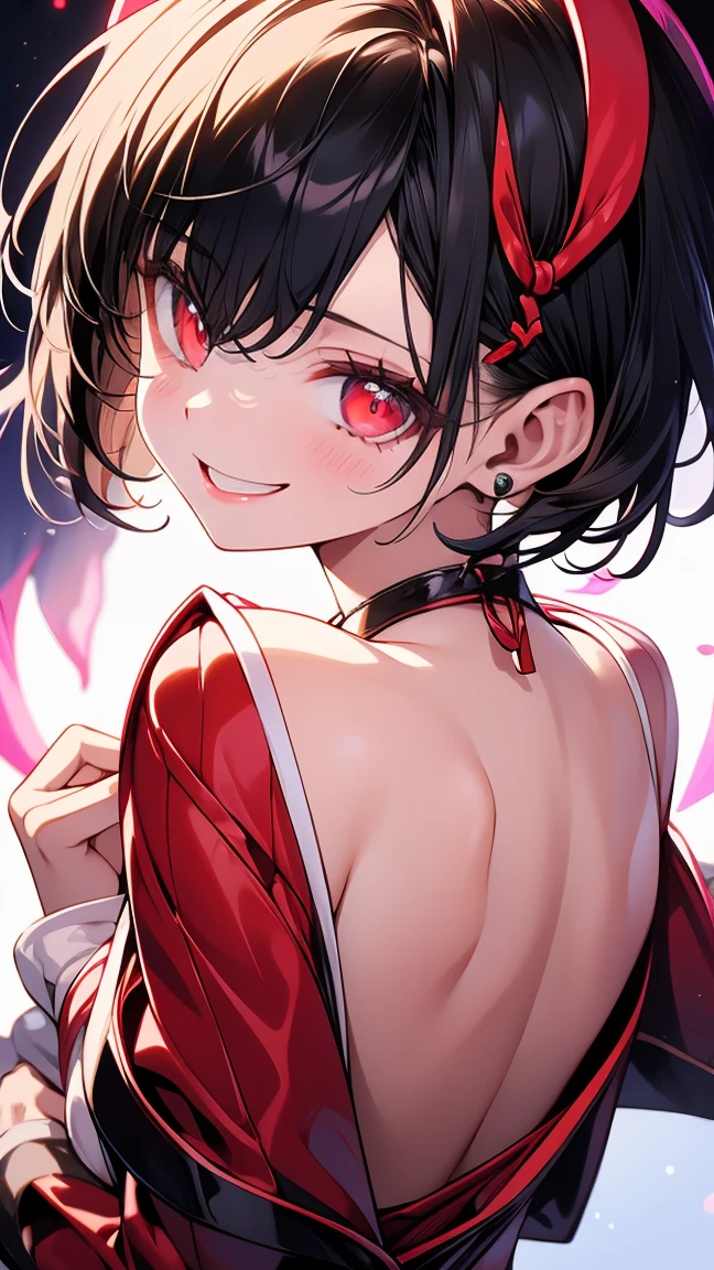 yor briar, anime style beutiful woman, 1girl, happy, sexy pause,(with sparkling eyes and a contagious smile:0.9),red face, closed mouth, beautiful detailed eyes, super detailed skin, backlighting, bare shoulders, black background, black dress, black gloves, black hair, breasts, dress, earrings, fingerless gloves, floating hair, floral print, flower, gloves, gold earrings, gold hairband, hair flower, hair ornament, hairband, holding, holding weapon, jewelry, large breasts, long hair, looking at viewer, off-shoulder dress, off shoulder,red eyes, short hair with long locks, sidelocks, solo, spikes, thighs, two-sided dress, two-sided fabric, weapon, fighting stance , face, close up, from above, highest quality, looking at viewer,high resolution.