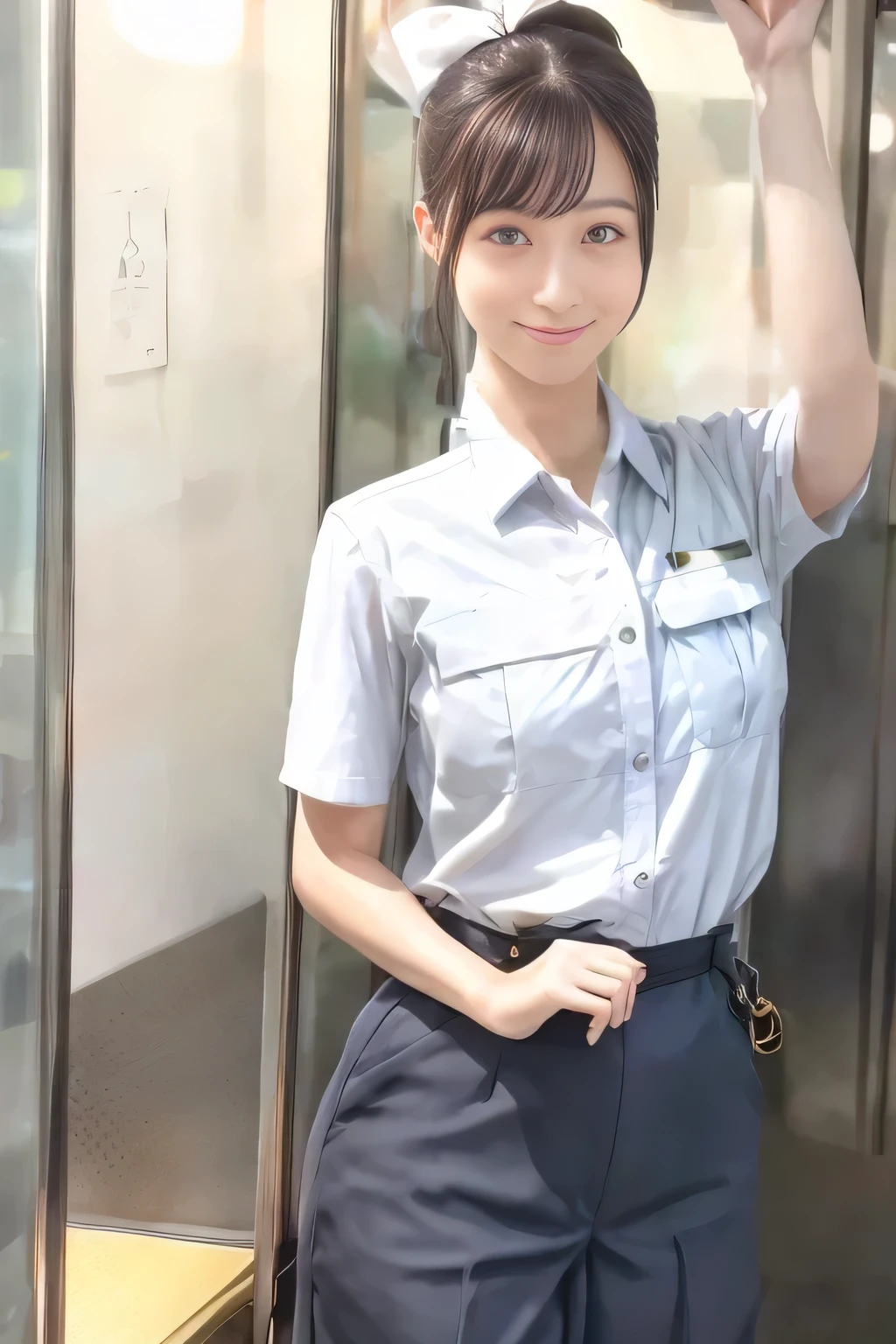 (masterpiece:1.2, Best Quality:1.2), 32K HDR, High resolution, (Alone、1 girl)、(On the roof of a building during the day、Professional Lighting)、Building rooftop background、(Real style woman wearing train crew uniform6)、(woman train crew uniform6 blouse short sleeve 、 Knee-length culottes skirt、Belt on waist)、(woman wearing train crew uniform6 vest)、Dark brown hair、(Hair tied up、Hair Bun)、Dark brown hair、Long Shot、Big Breasts、Thin legs、((Great hands:2.0)),((Harmonious body proportions:1.5)),((Normal limbs:2.0)),((Normal finger:2.0)),((Delicate eyes:2.0)),((Normal eyes:2.0)))、smile、(woman train crew uniform6 Knee-length culottes skirtを見せた美しい立ち姿)、Put your hands down