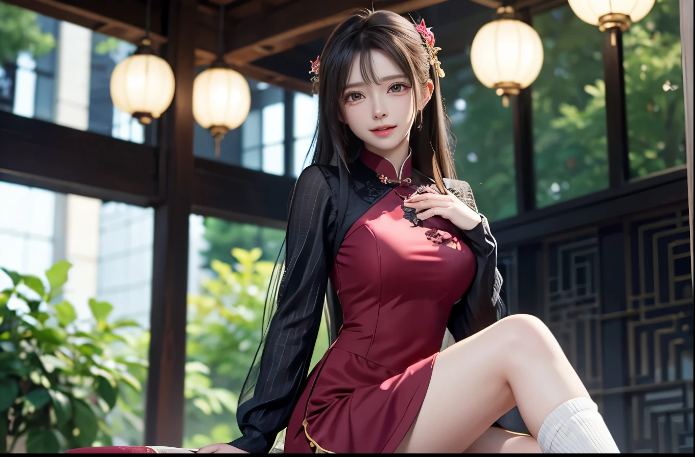 Kurenai. A woman was sitting on the porch. He wears a black crop top black skirt and a red vest. She's also wearing black web-net stockings. His skin was white. Her cheeks were rosy. Her lips are teasing red. His hands were covered in a white cloth. His hair was pitch black. She looks so beautiful and realistic