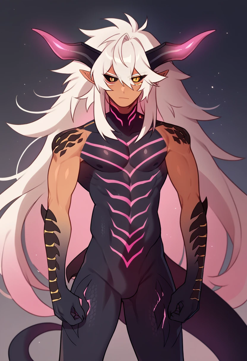 Solo, tanned dragon boy with white fluffy messy hair, long hair, ((dragon horns, (black scales), dragon tail)), rainbow iris, abyssal power, (gradient skin, tanned to black gradient), dad bod, black sclera, heterochromia , muscular, Khaenri'ah x Natlan, abyss order,  chaos star on neck, vishap features, elemental power, cosmic abyss aesthetic , magenta glowing body marks, transforming into a full Japanese dragon 