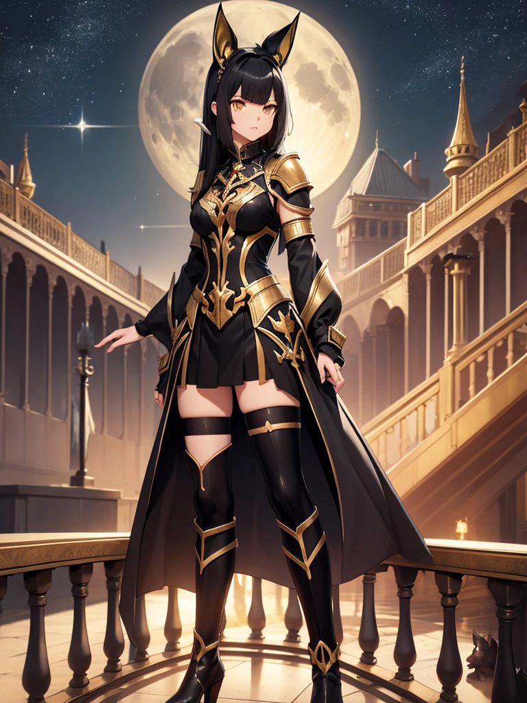 profile, Only one person is depicted, Above the knees image, Side view, masterpiece, Best Quality, Straight black hair,Hair length down to chest, Cat ears, Golden Eyes, A dignified expression, Wearing black and gold armor, The chest size is medium,Black thigh-high socks,Black boots,Black Skirt,  Top floor of the castle, balcony,Putting hands on the railing, Silver Full Moon, Night Sky, Female Warrior